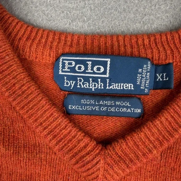 Polo By Ralph Lauren Sweater XL Orange 100% Lambs Wool V Neck Pullover SHRUNK - Picture 3 of 7